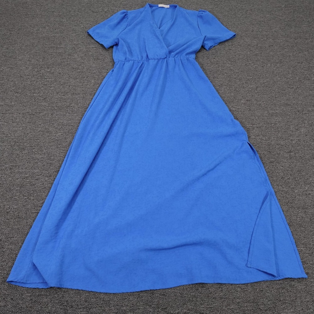 V-neck Blue Maxi Dress with Short Sleeves